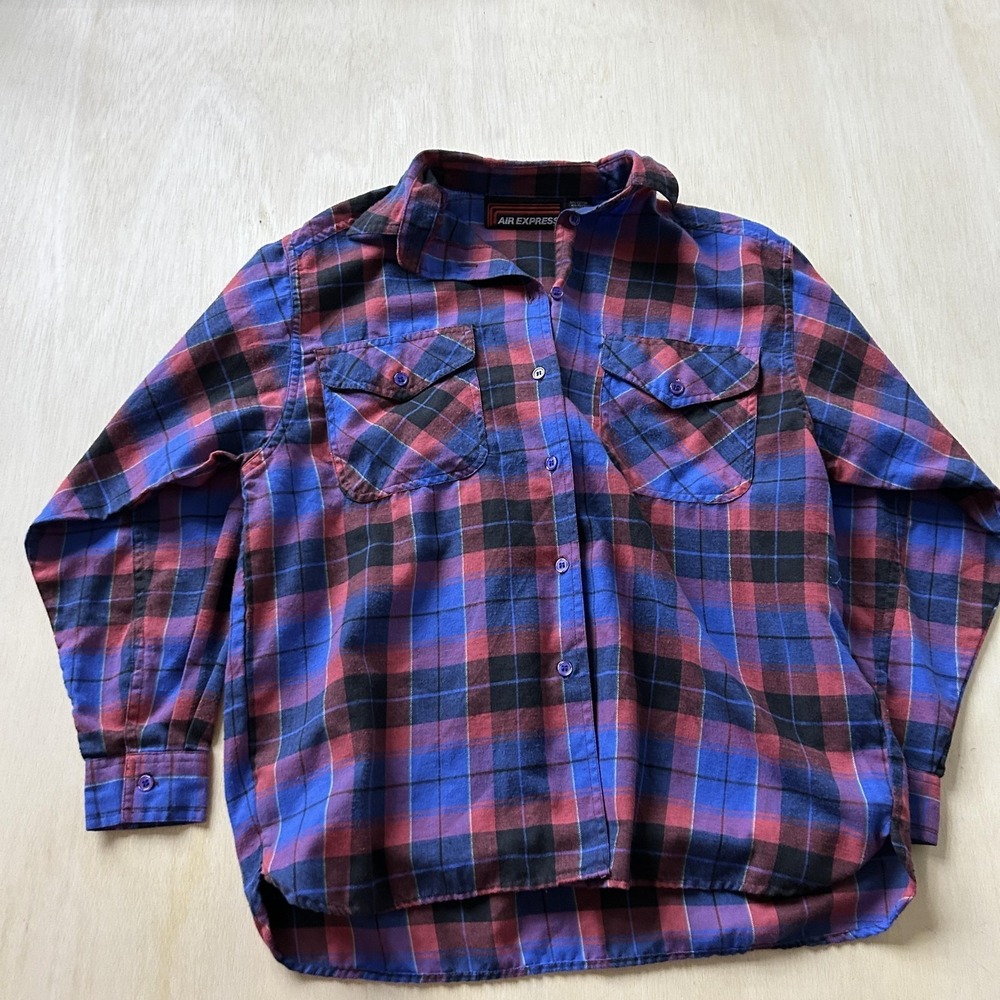 Vintage Air Express Shirt Kids 10 Blue Red Plaid Button Up Flannel Long Sleeve
